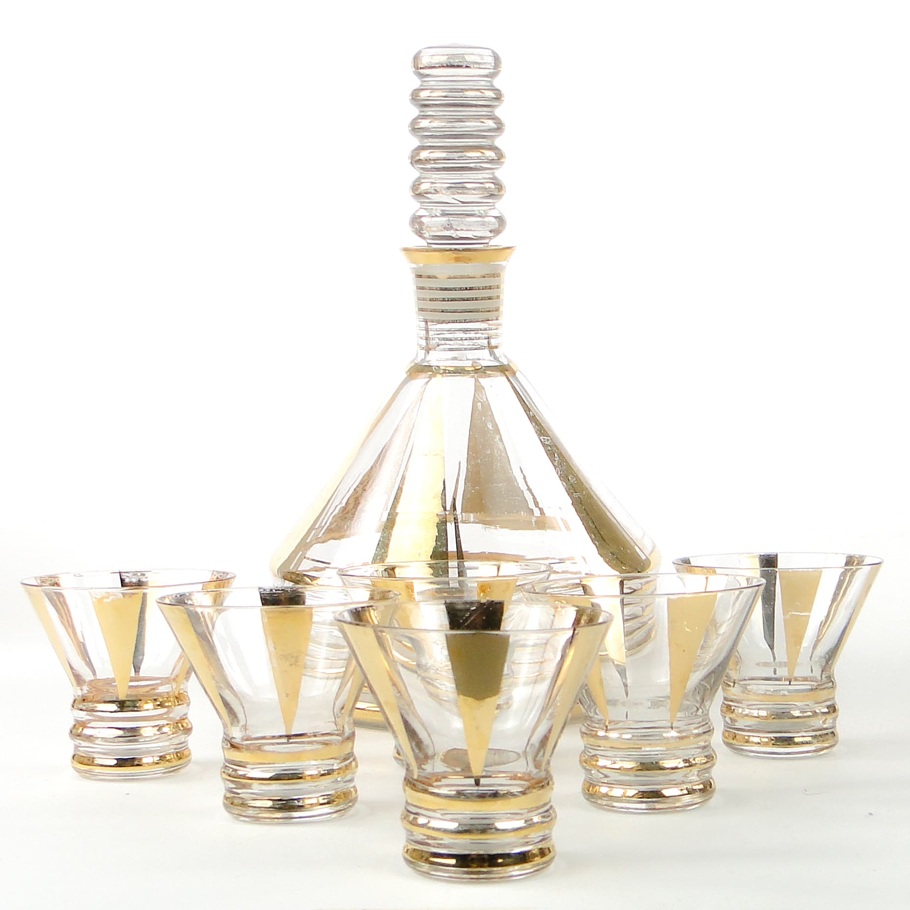 Komplet likierowy mid-century modern, szkło przezroczyste złocone, Kamenický Šenov, Czechosłowacja, lata 50. - 109070