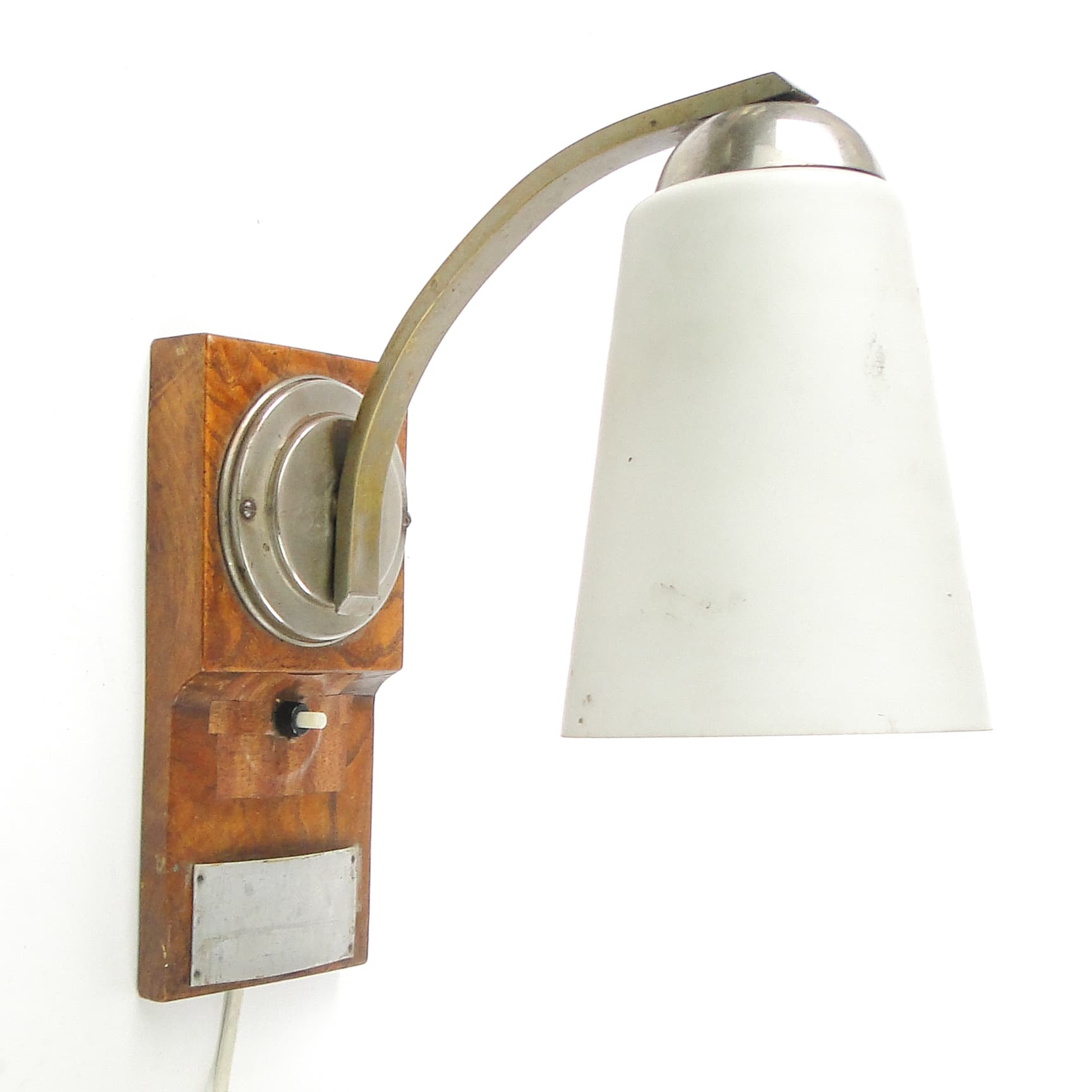 Art Deco wall sconce, nickel-plated brass, walnut wood, Czechoslovakia, 1950s. - 109089