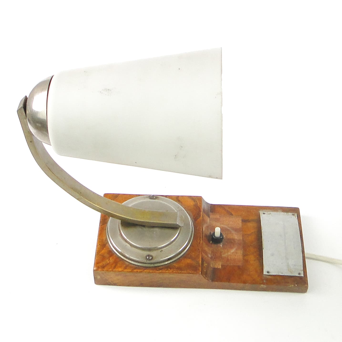 Art Deco wall sconce, nickel-plated brass, walnut wood, Czechoslovakia, 1950s. - 109087