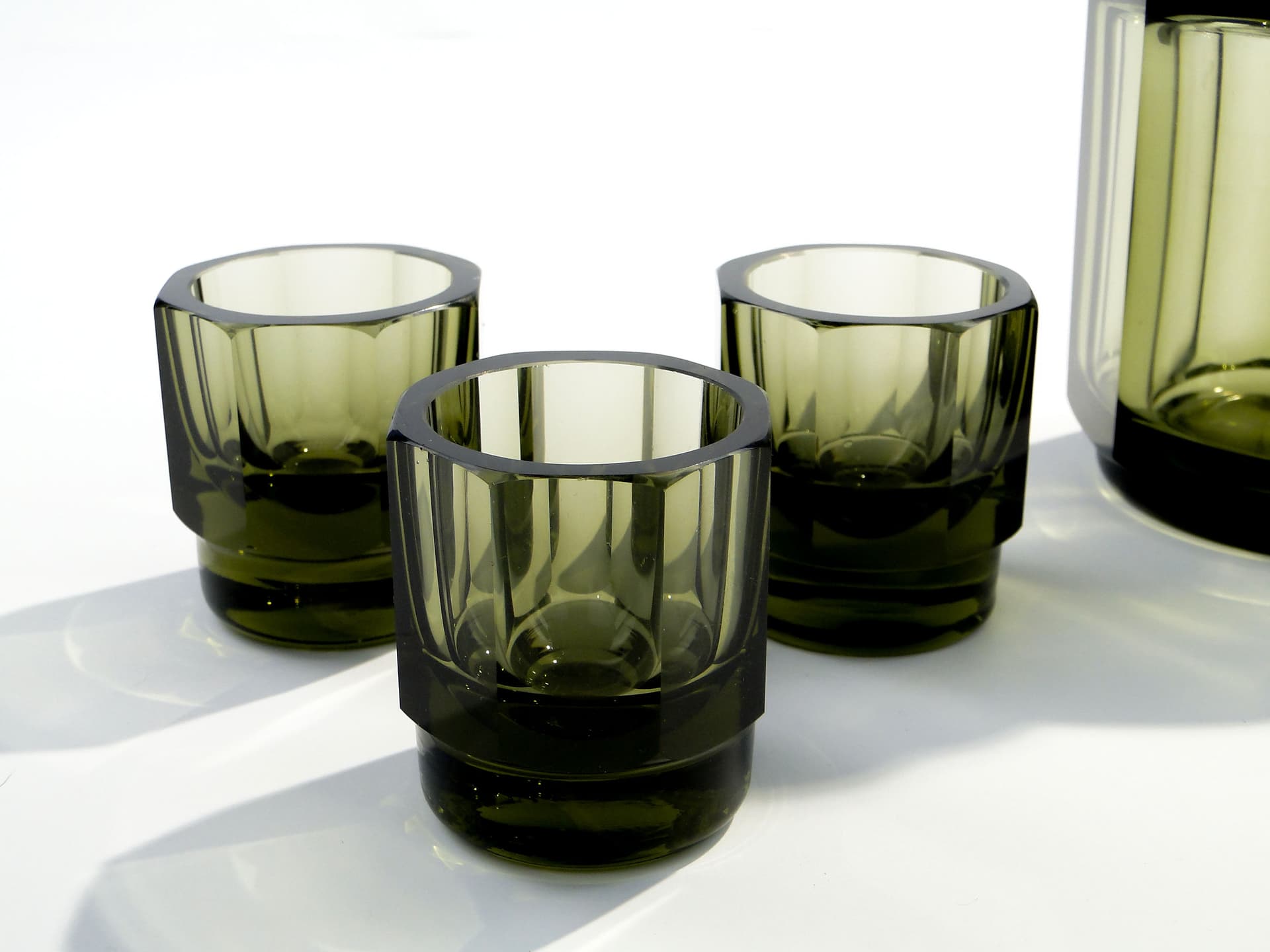 Liqueur set Art Deco, olive, crystal, Ludwik Moser & Sohne, Czech Republic, 1930s. - 7717