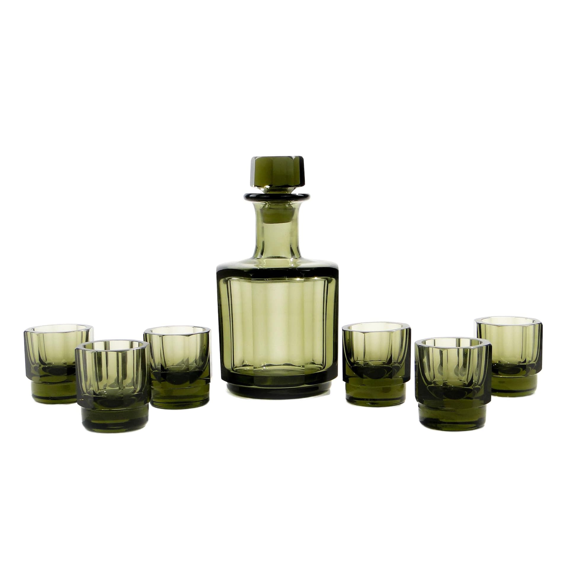 Liqueur set Art Deco, olive, crystal, Ludwik Moser & Sohne, Czech Republic, 1930s.