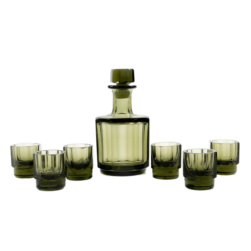 Liqueur set Art Deco, olive, crystal, Ludwik Moser & Sohne, Czech Republic, 1930s.