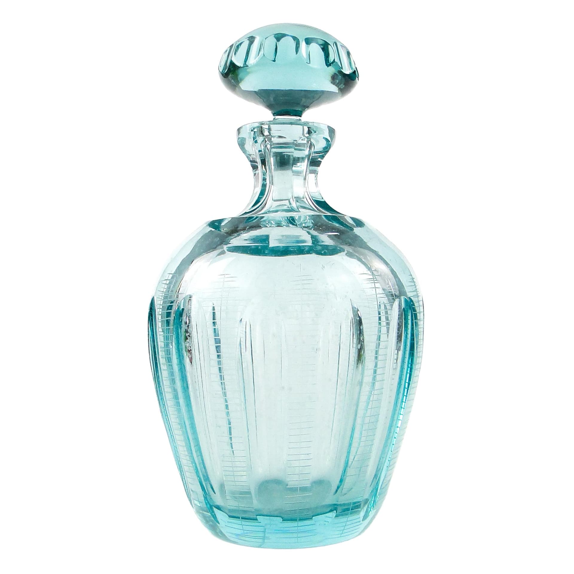 Karafka beryl, mid-century modern, szkło turkusowe, Moser, Czechosłowacja, lata 60.