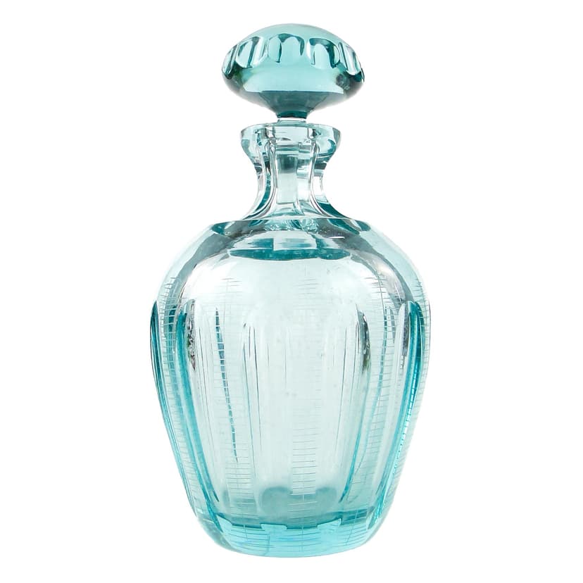 Karafka beryl, mid-century modern, szkło turkusowe, Moser, Czechosłowacja, lata 60.