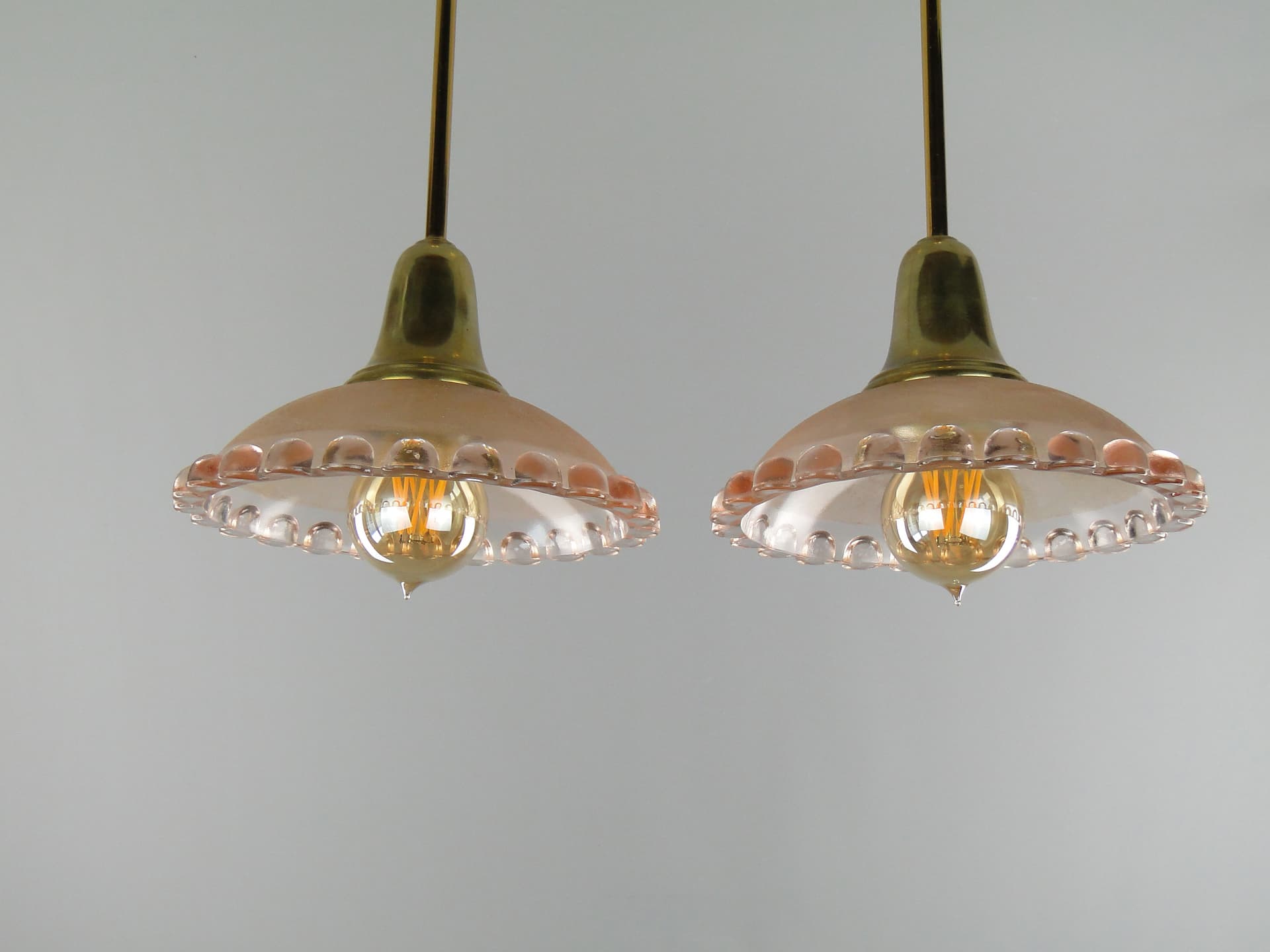 Pair of ceiling lamps, pink glass, brass, France, 1950s. - 7962