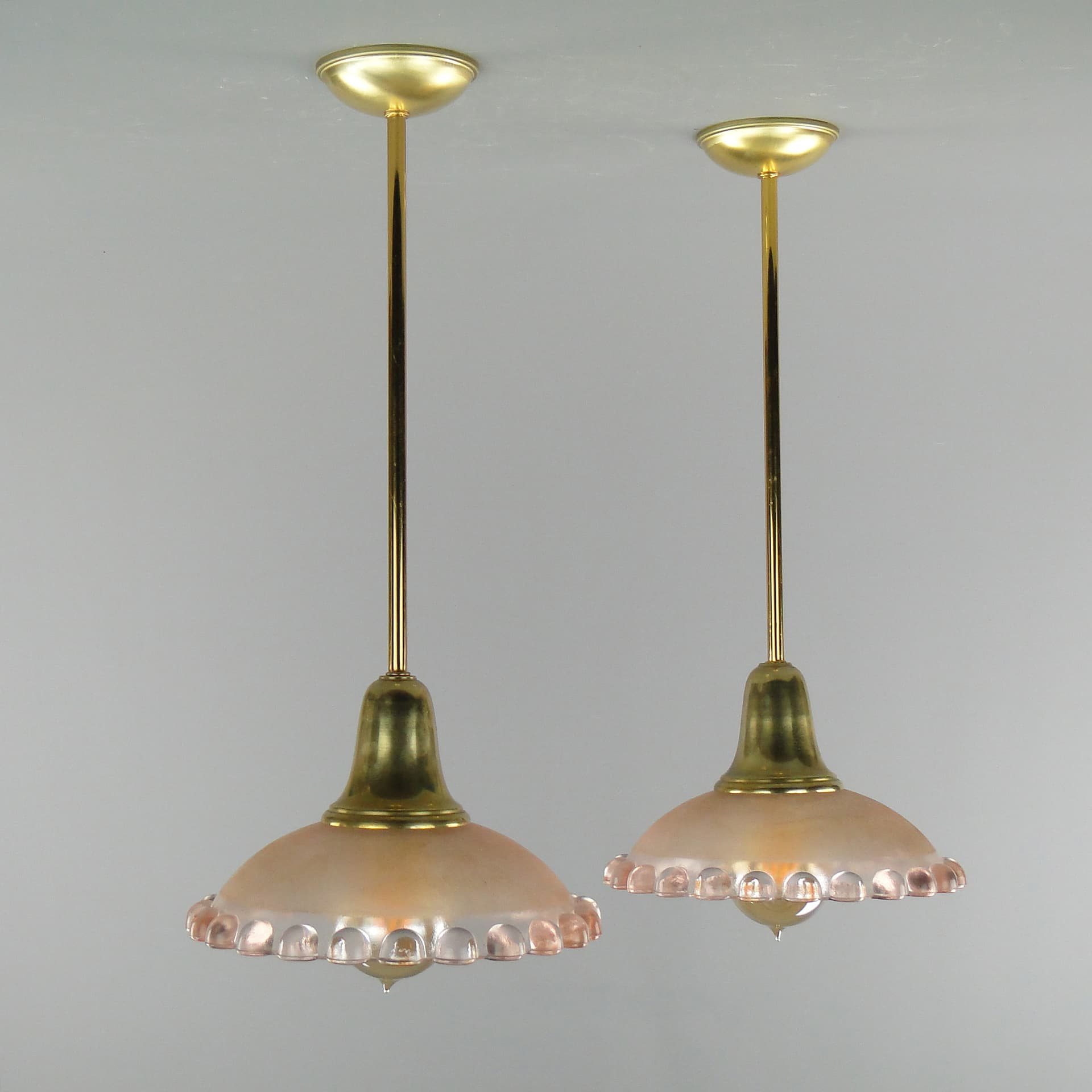 Pair of ceiling lamps, pink glass, brass, France, 1950s. - 7959