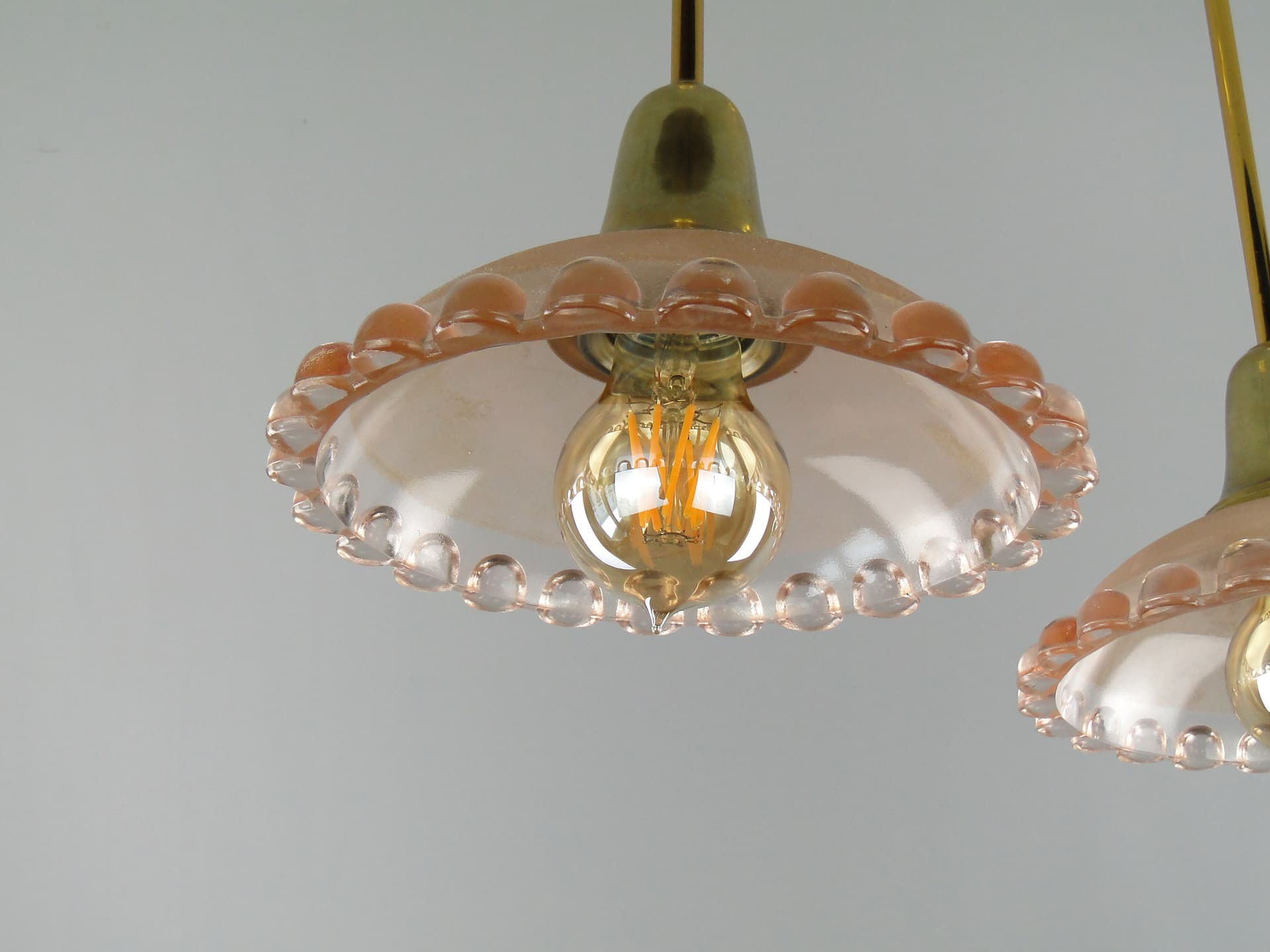 Pair of ceiling lamps, pink glass, brass, France, 1950s. - 7965