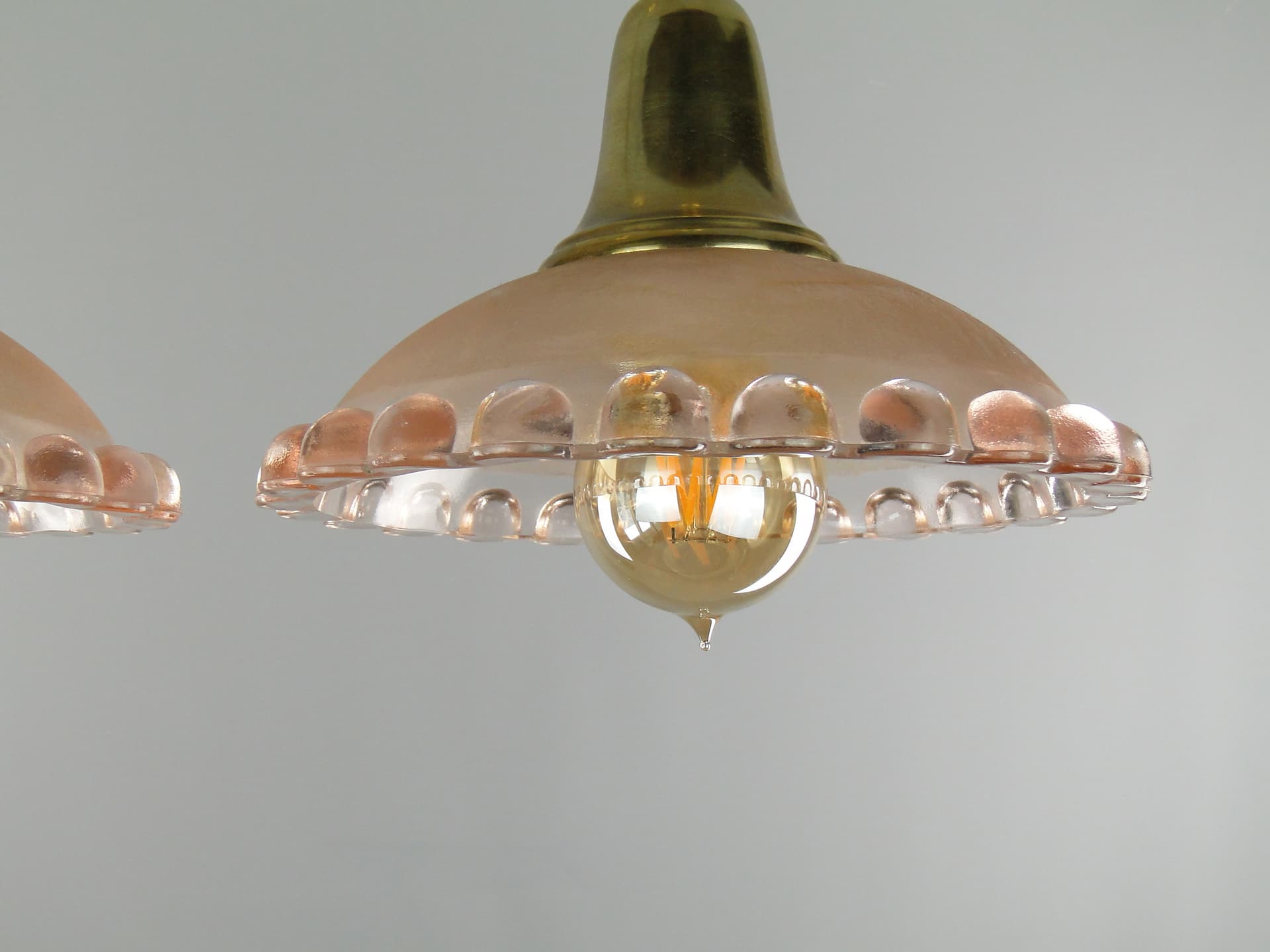 Pair of ceiling lamps, pink glass, brass, France, 1950s. - 7963