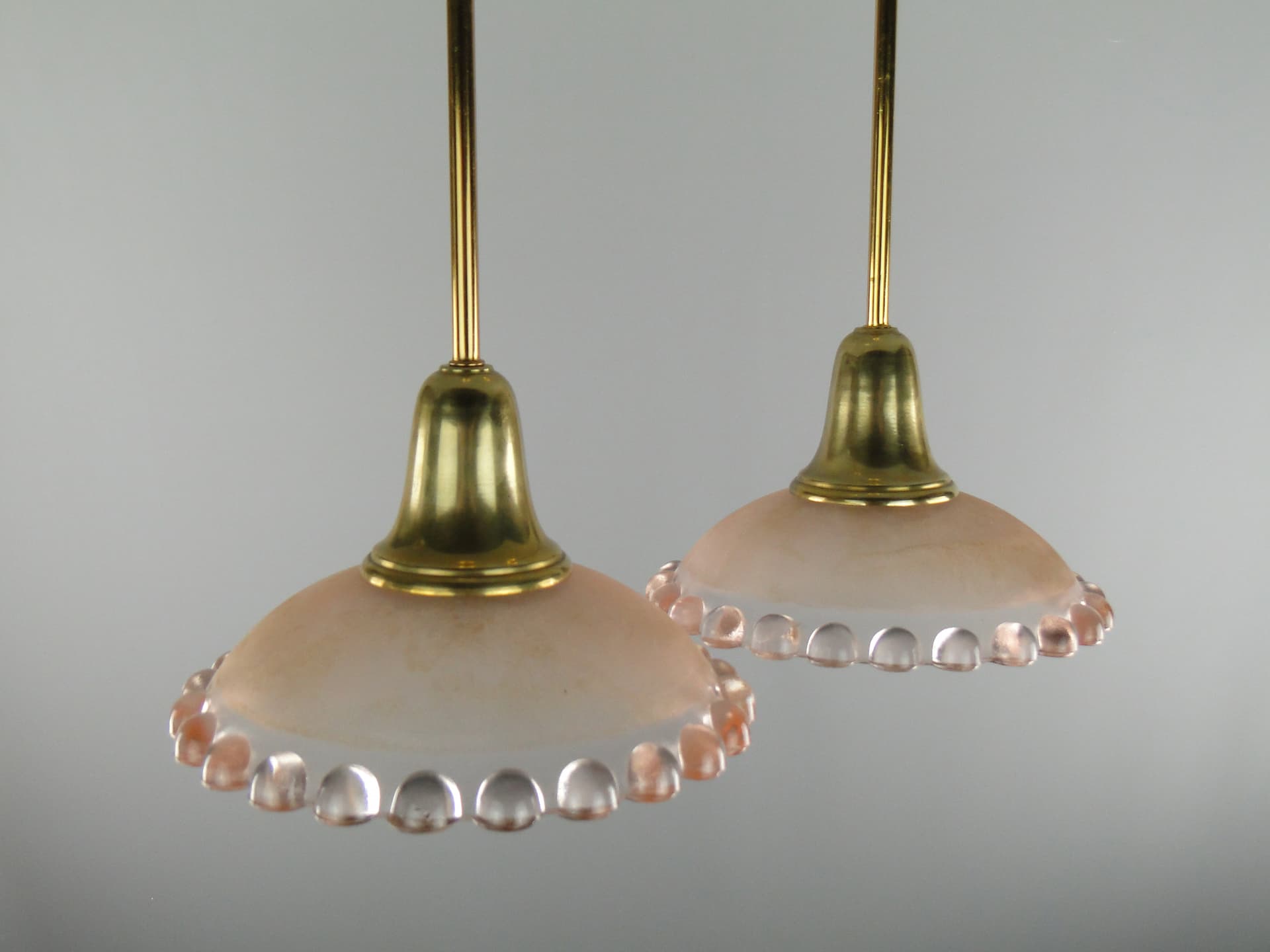 Pair of ceiling lamps, pink glass, brass, France, 1950s. - 7961