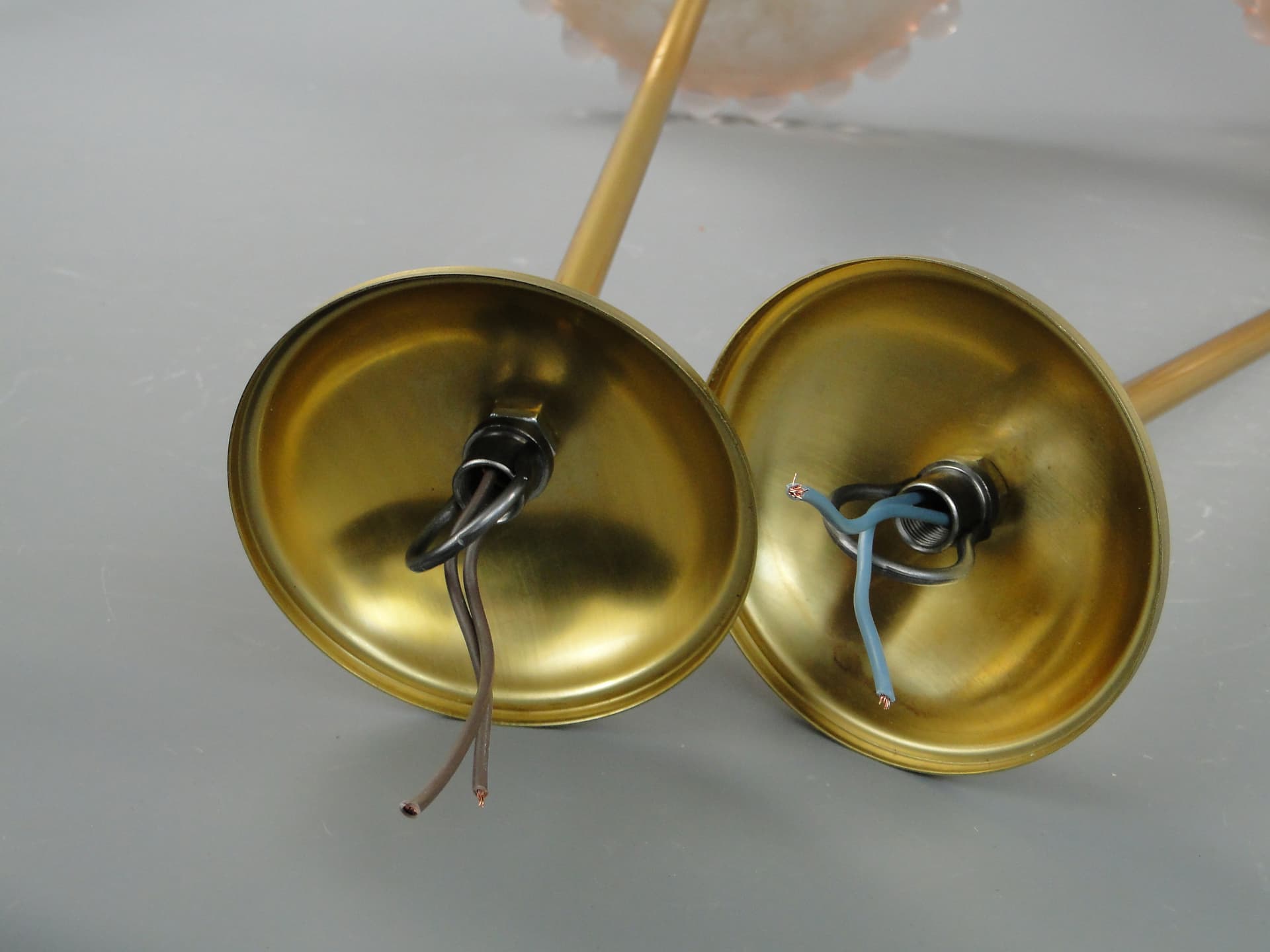 Pair of ceiling lamps, pink glass, brass, France, 1950s. - 7964