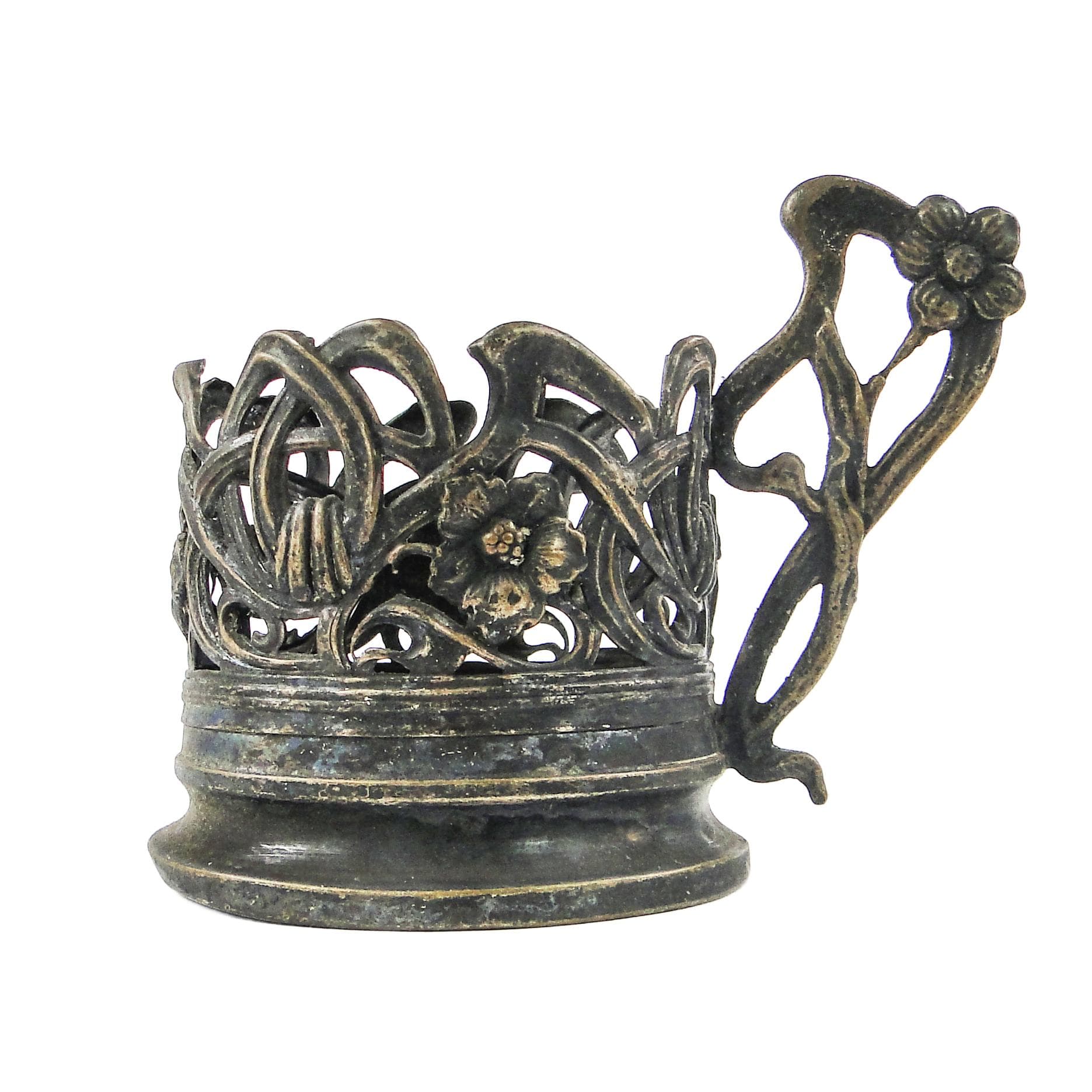 Tea glass holder, Art Nouveau, silver-plated brass, Poland, early 20th c.