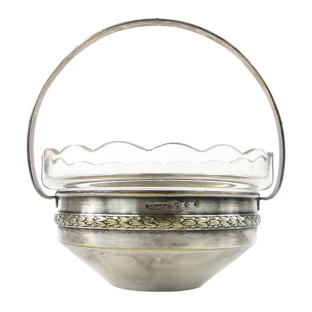 Cukiernica koszyczkowa Eklektyzm, mosiądz srebrzony, kryształ, Polska, lata 30. - WYMIARY