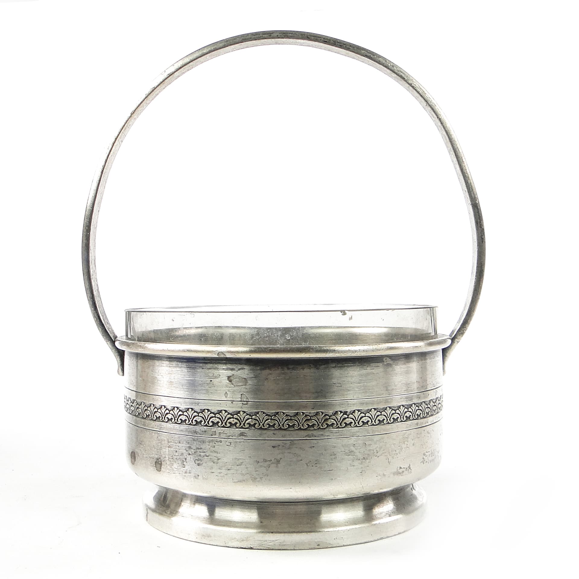 Cukiernica koszyczkowa Art Deco, mosiądz srebrzony szkło, Polska, lata 30. - 111385