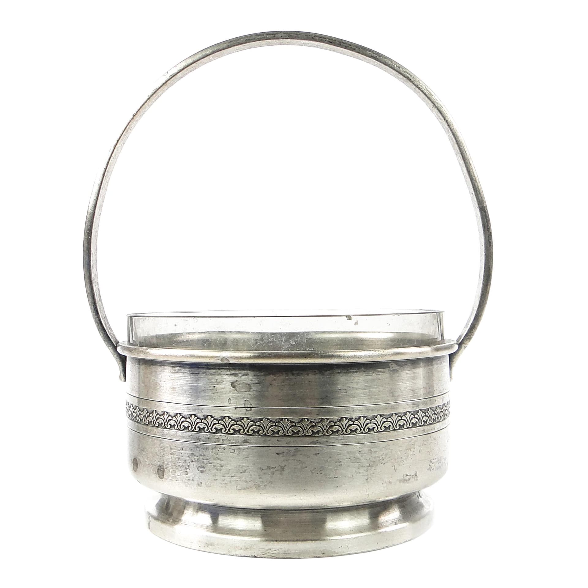 Cukiernica koszyczkowa Art Deco, mosiądz srebrzony szkło, Polska, lata 30.