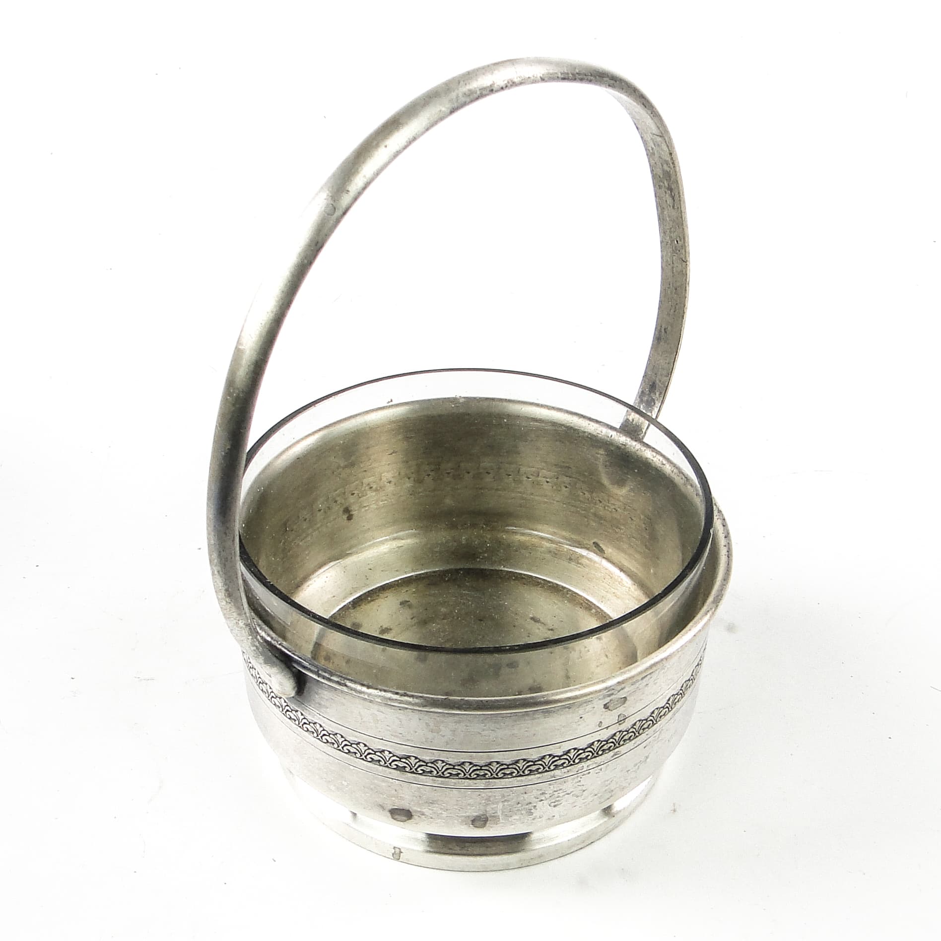 Cukiernica koszyczkowa Art Deco, mosiądz srebrzony szkło, Polska, lata 30. - 111388