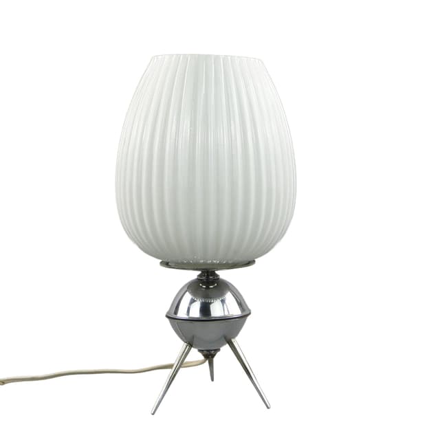 Lampa stołowa Space Age, szkło białe, metal chrom, proj. A. Gałecki, Polska, lata 60. - WYMIARY