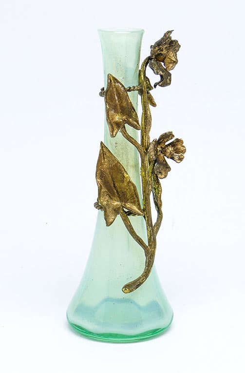 Wazon Art Nouveau, szkło uranowe, brąz złocony, Belgia, lata 30. - 112114