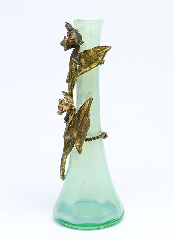 Wazon Art Nouveau, szkło uranowe, brąz złocony, Belgia, lata 30. - 112115