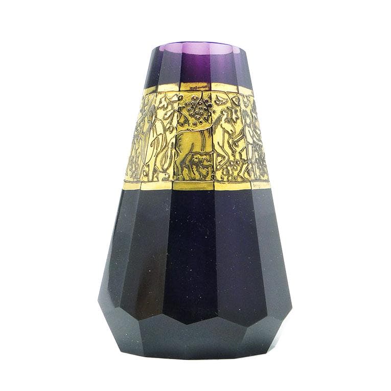 Wazon Art Deco, szkło ametystowe, oroplastyka złocona, Moser, Czechosłowacja, lata 30.