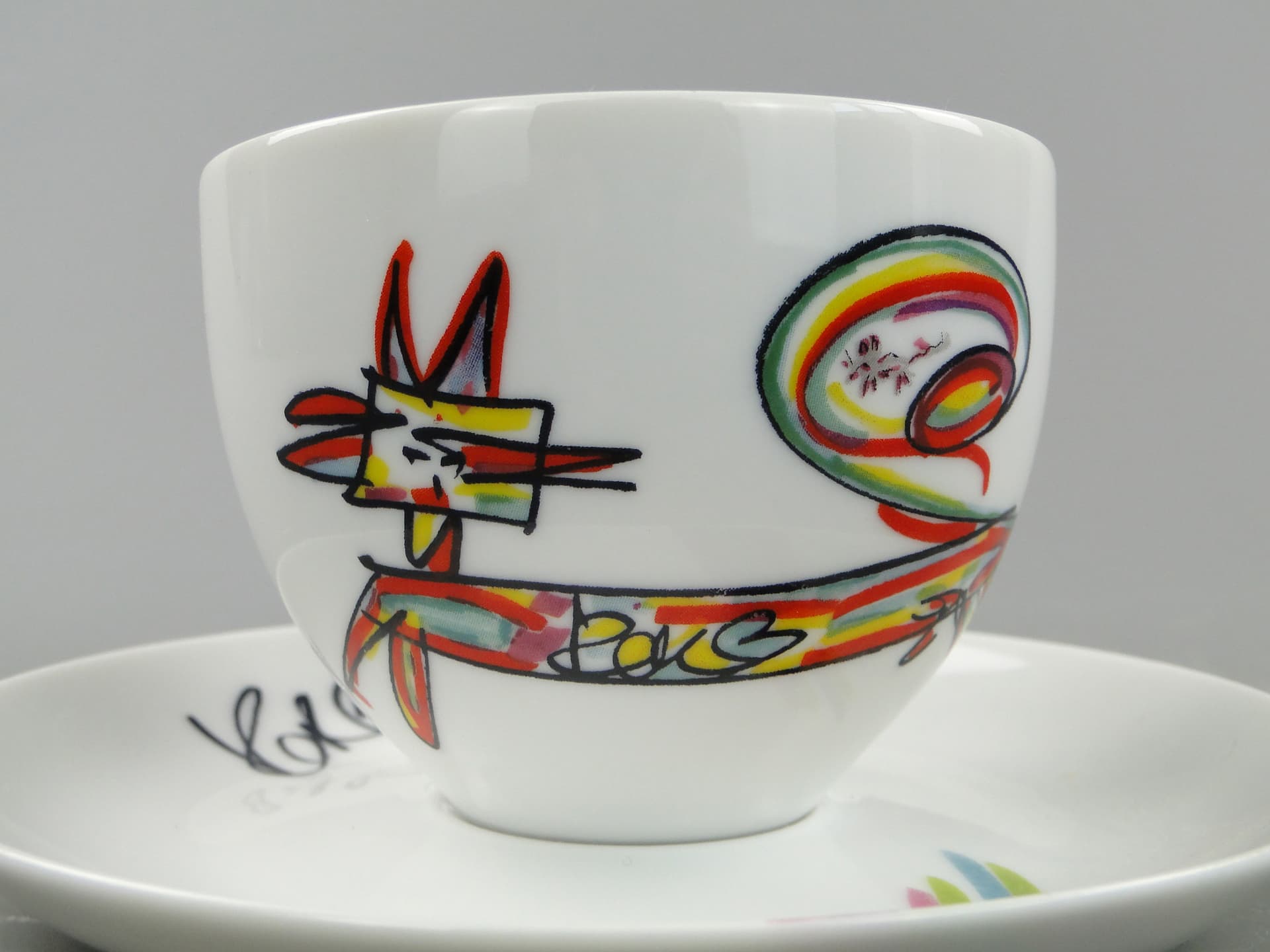 Filiżanka do kawy Kot i Mysz, porcelana multikolor, proj. O. Sipowicz, Ćmielów, Polska, lata 80. - 8139