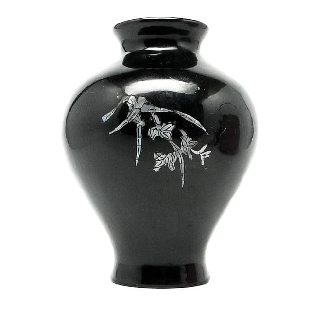 Wazon Minimalizm, lakier czarny, aplikacja z macicy perłowej, Japonia, lata 50. - WYMIARY