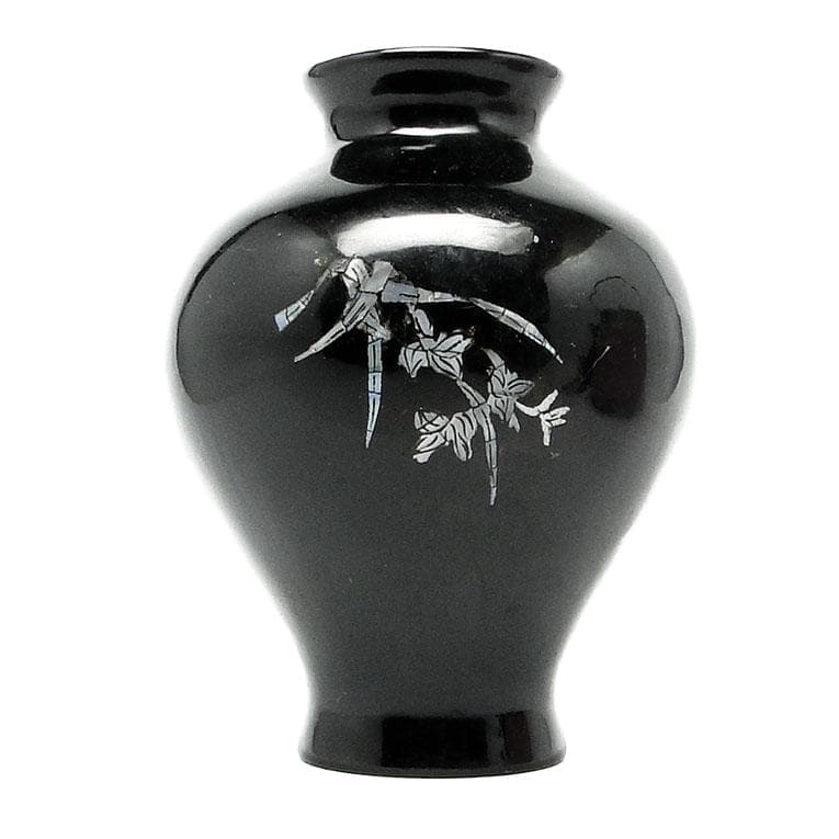 Wazon Minimalizm, lakier czarny, aplikacja z macicy perłowej, Japonia, lata 50.