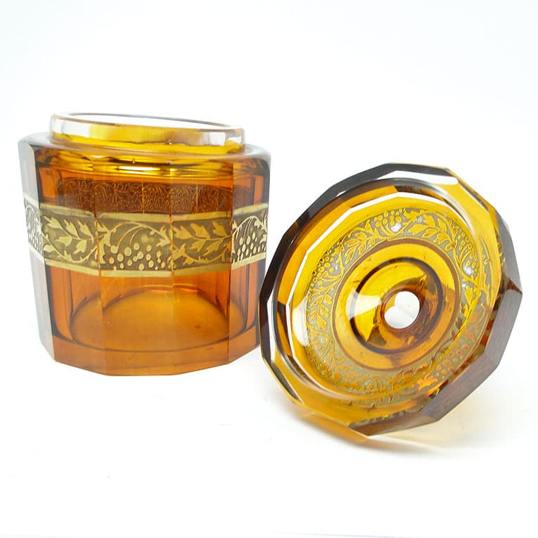 Bomboniera Art Deco, szkło miodowe, oroplastyka, Moser, Bohemia, Czechosłowacja, lata 30. - 112584