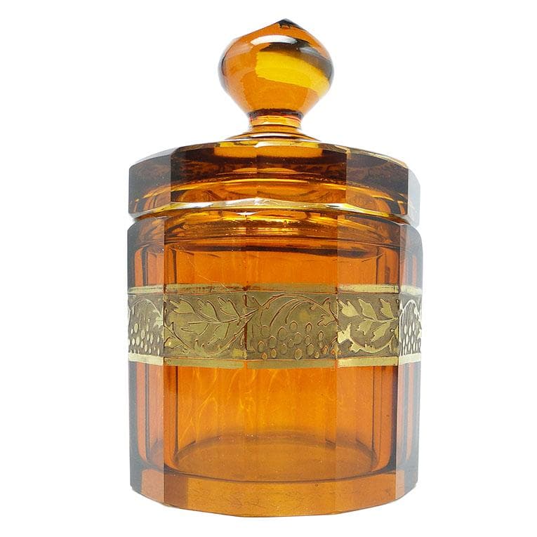 Art Deco bonbonniere, honey glass, oroplastic, Moser, Bohemia, Czechoslovakia, 1930s.