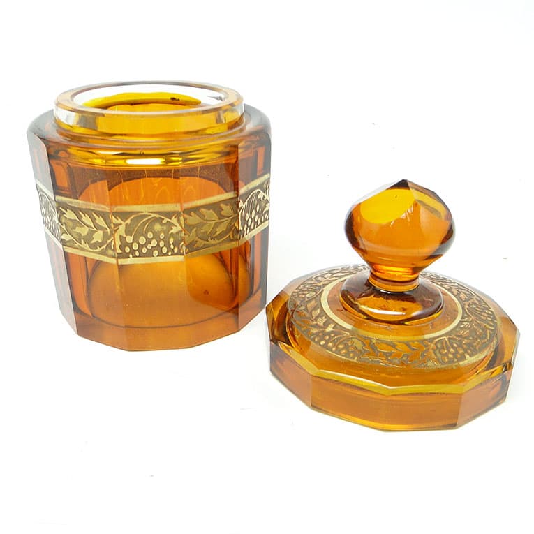 Bomboniera Art Deco, szkło miodowe, oroplastyka, Moser, Bohemia, Czechosłowacja, lata 30. - 112583