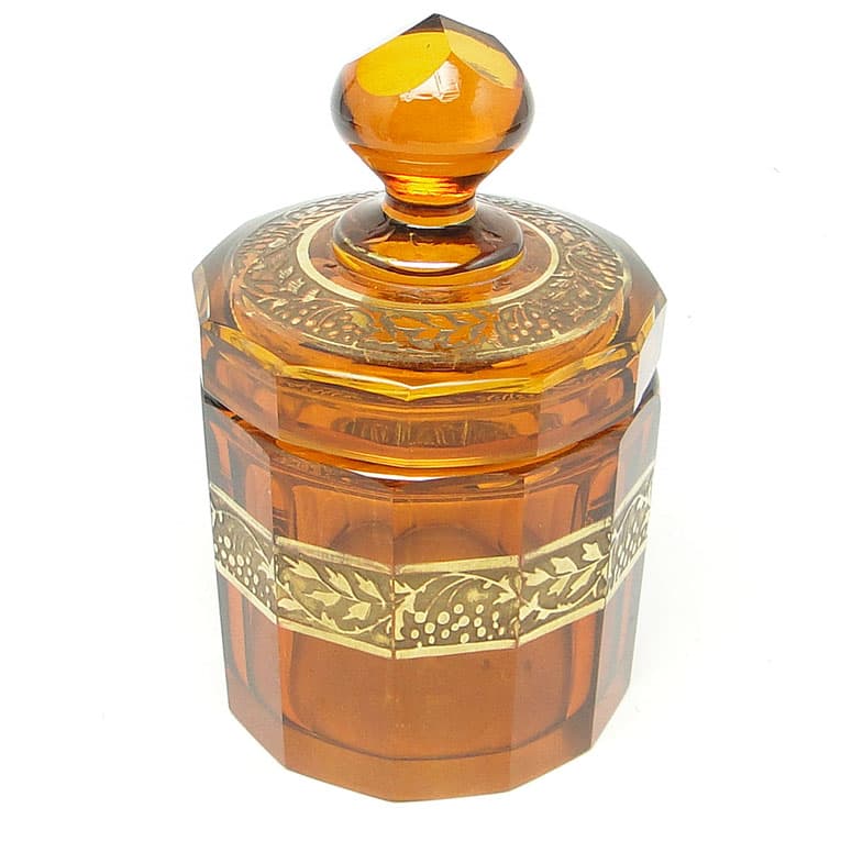 Bomboniera Art Deco, szkło miodowe, oroplastyka, Moser, Bohemia, Czechosłowacja, lata 30. - 112582