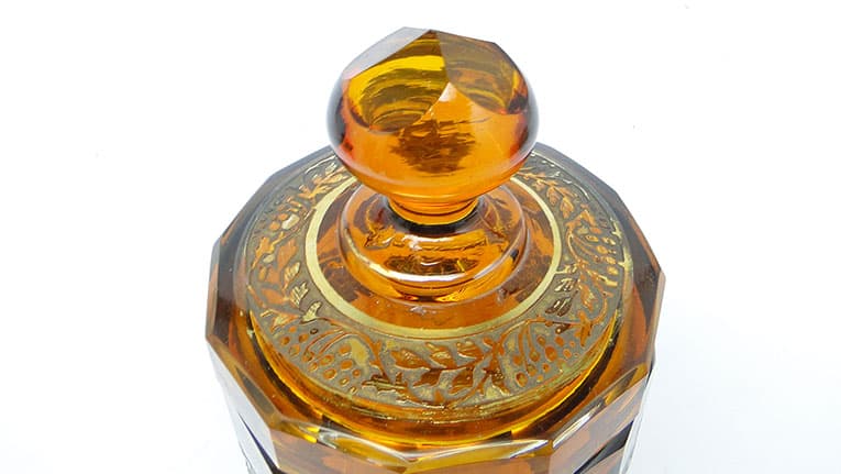 Bomboniera Art Deco, szkło miodowe, oroplastyka, Moser, Bohemia, Czechosłowacja, lata 30. - 112579