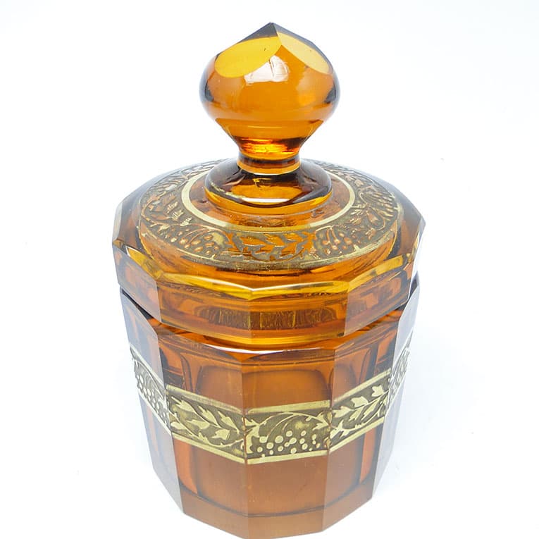 Bomboniera Art Deco, szkło miodowe, oroplastyka, Moser, Bohemia, Czechosłowacja, lata 30. - 112580