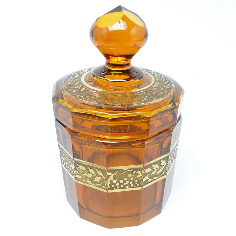 Bomboniera Art Deco, szkło miodowe, oroplastyka, Moser, Bohemia, Czechosłowacja, lata 30. - 112578