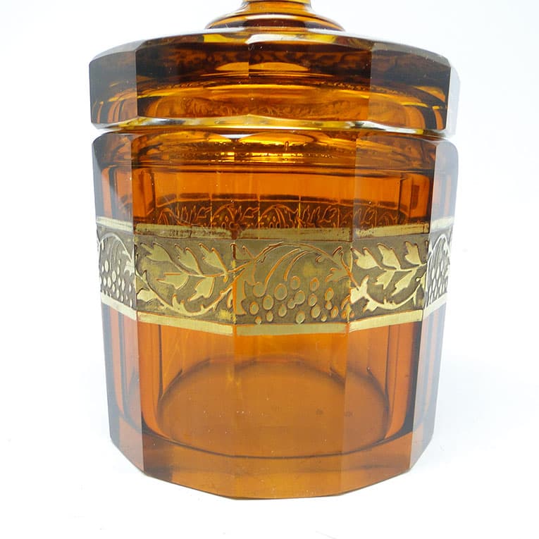 Bomboniera Art Deco, szkło miodowe, oroplastyka, Moser, Bohemia, Czechosłowacja, lata 30. - 112581