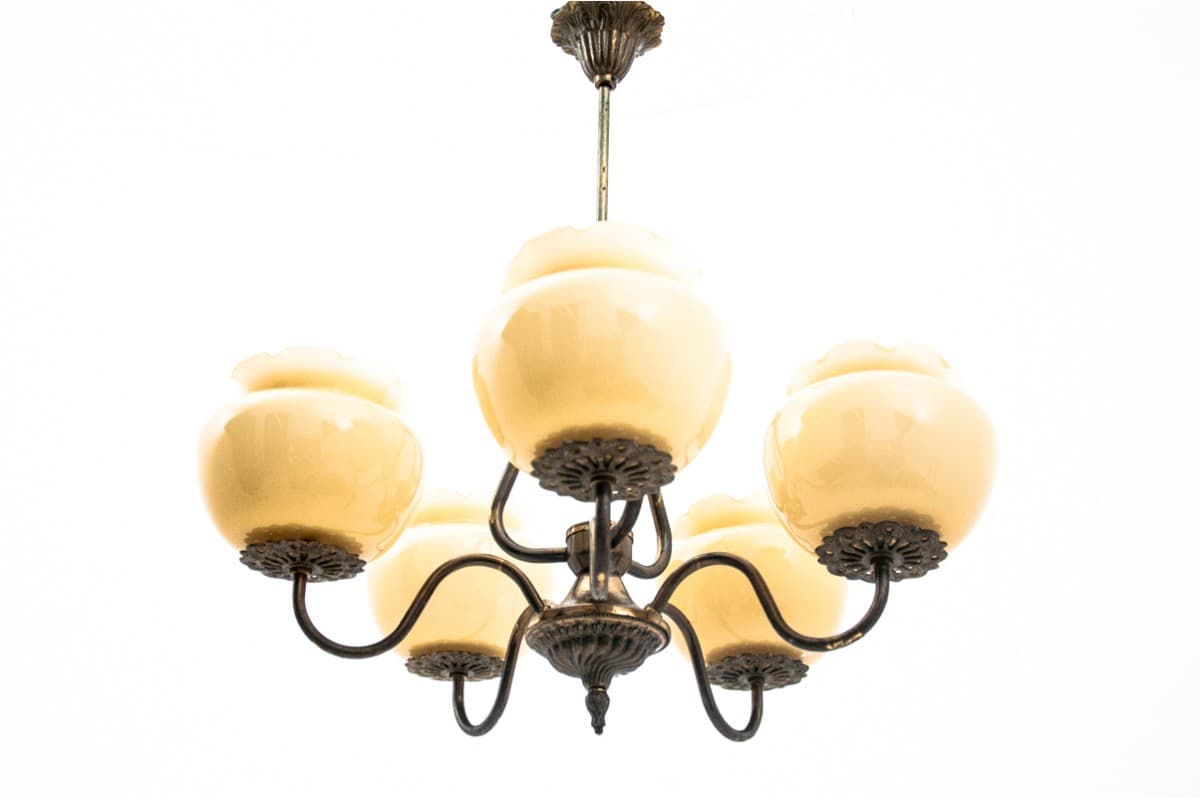 Kremowy żyrandol szklany, Polska, lata 50. - 78360