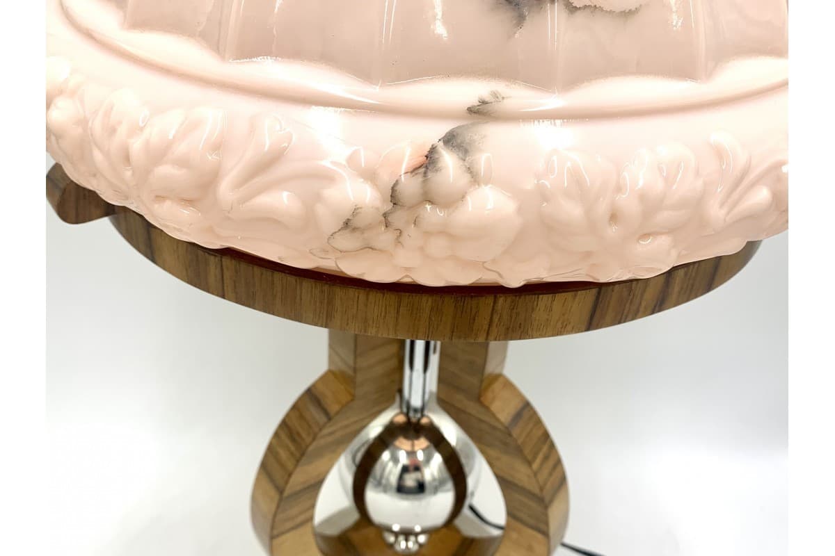 Różowa szklana lampa stołowa w stylu art deco, Polska, lata 50. - 78399