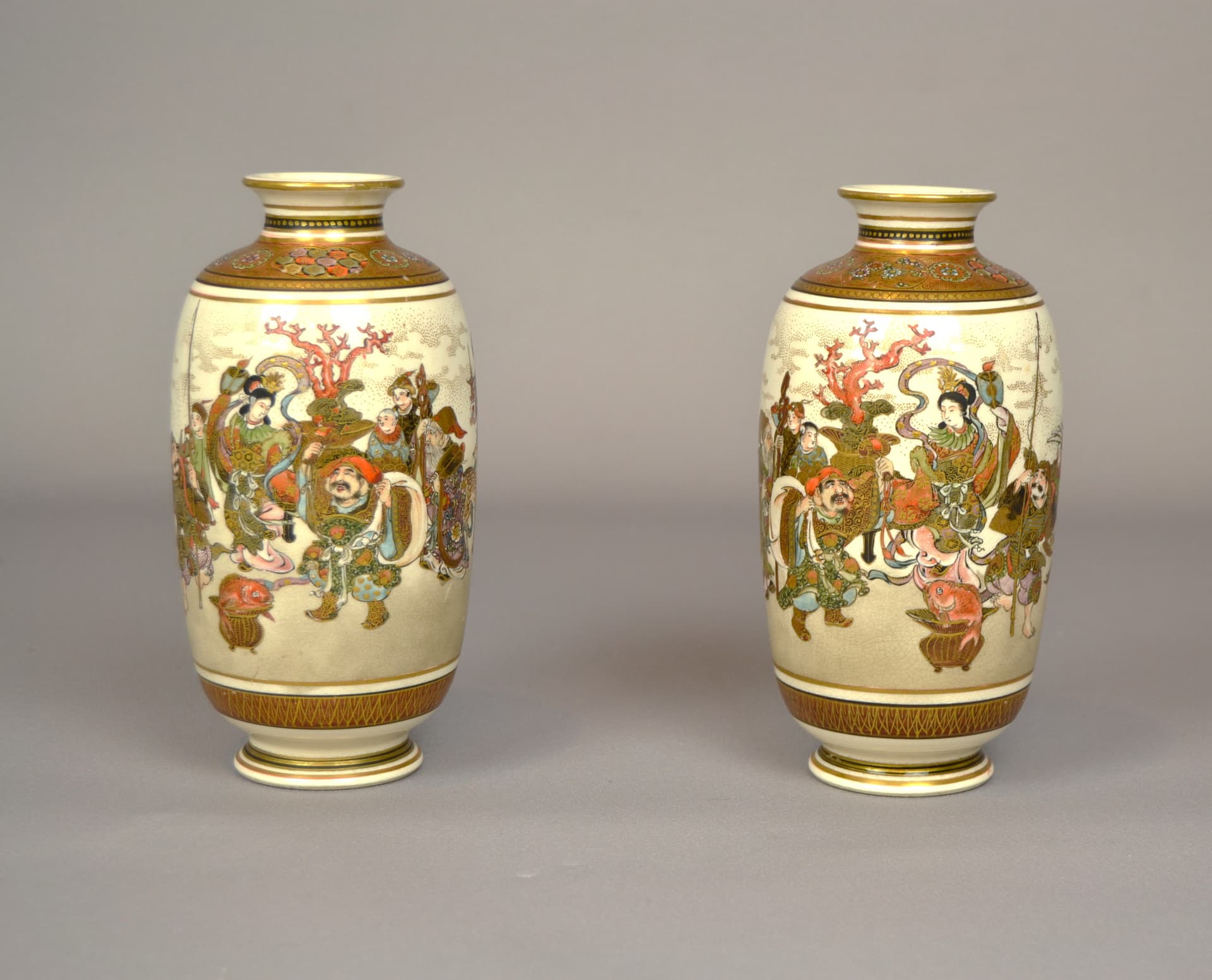 Para wazonów Satsuma, Meiji, ceramika kość słoniowa, Japonia, XIX w. - 998