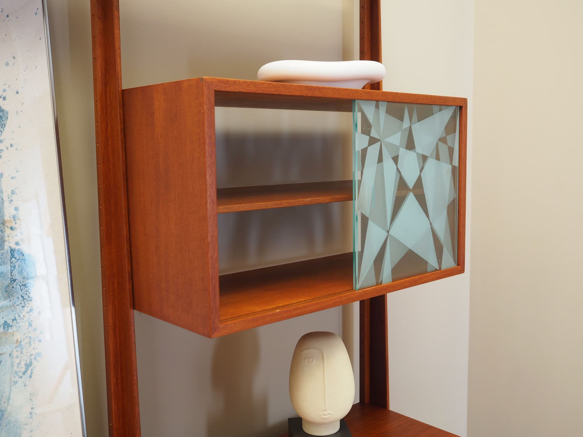 Shelving Unit Veggen de Luxe, teak, transparent glass, by T. Afdal, R. Hesland, Bruksbo, Norway, 1960s. - 123504
