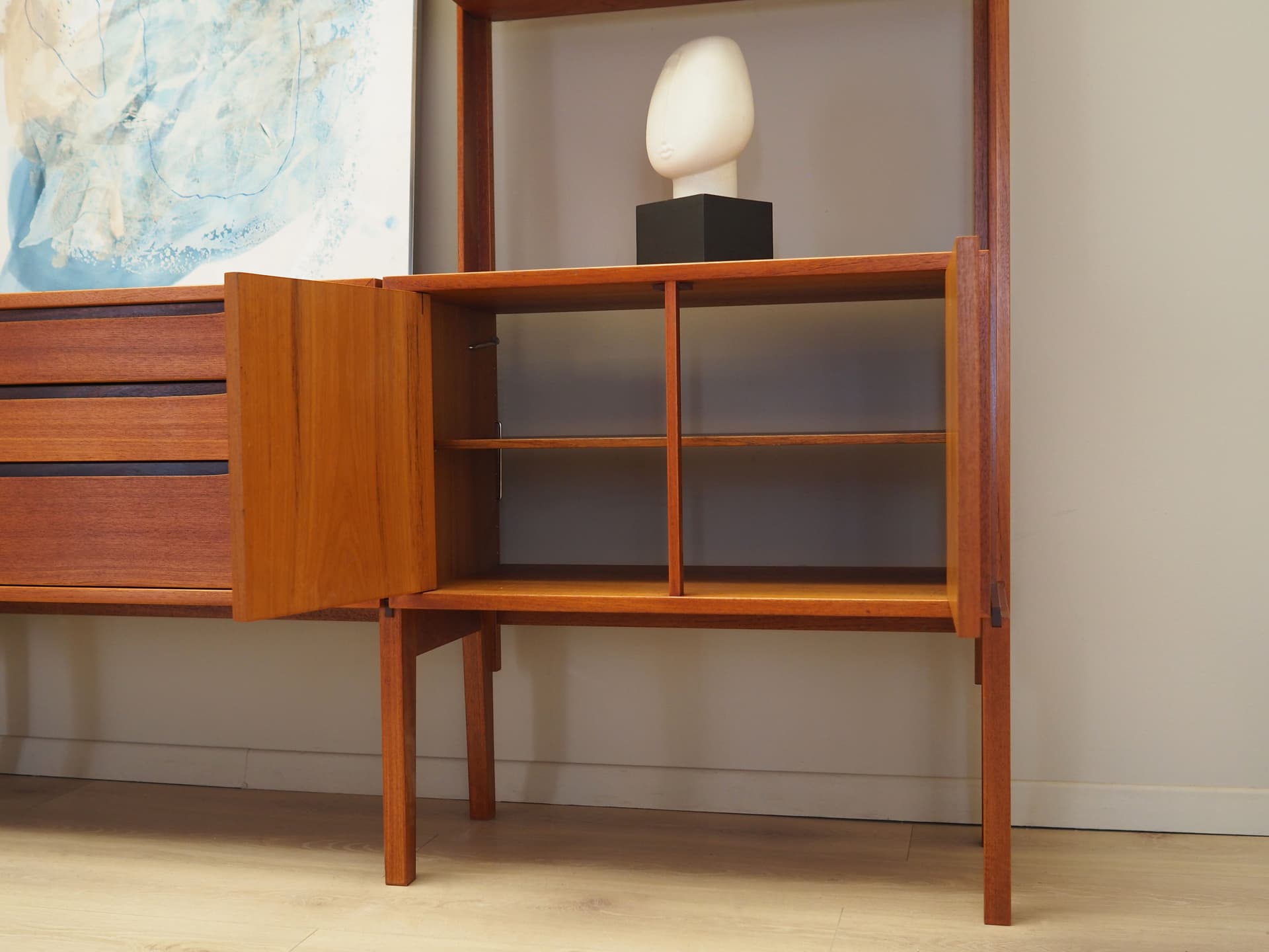 Shelving Unit Veggen de Luxe, teak, transparent glass, by T. Afdal, R. Hesland, Bruksbo, Norway, 1960s. - 123507
