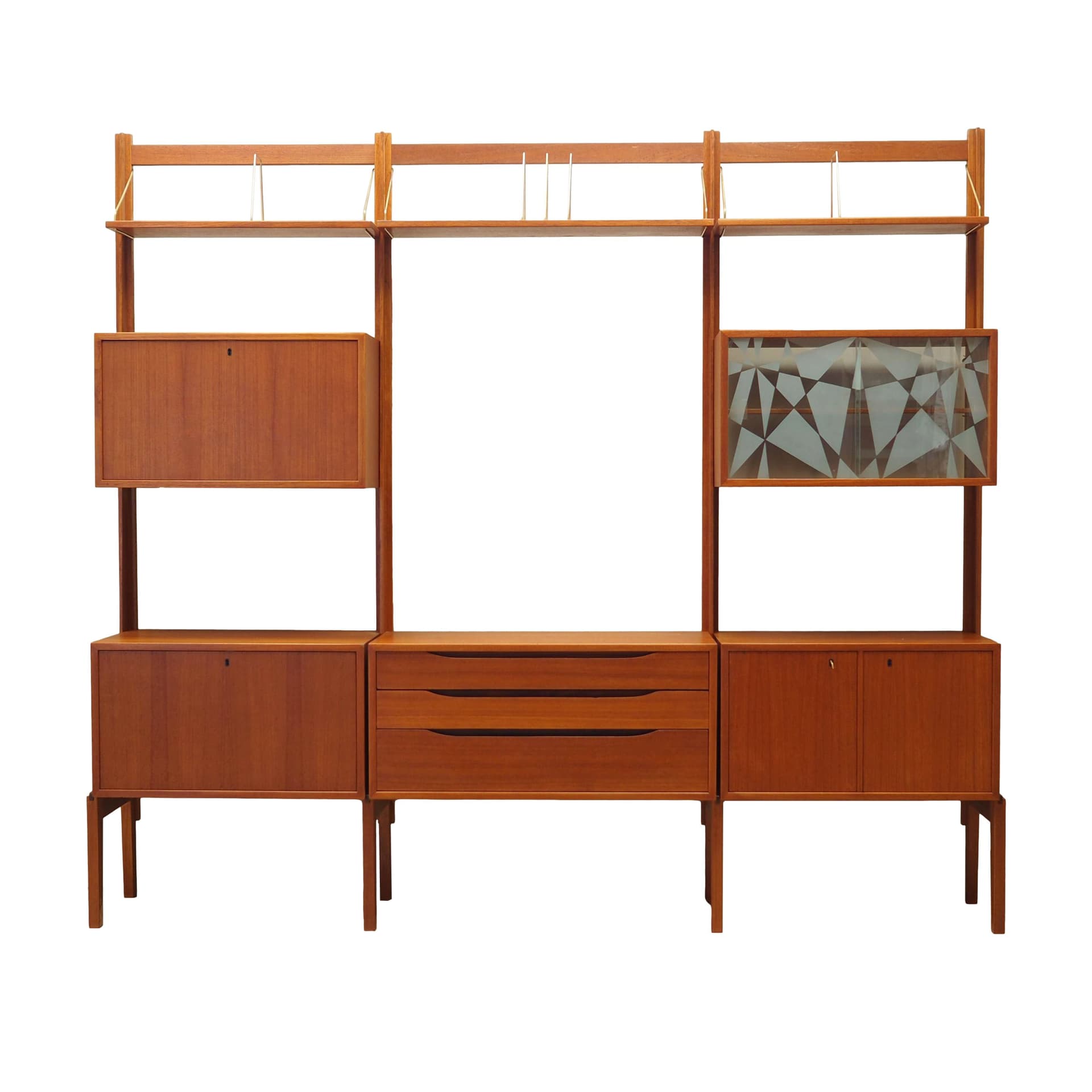 Shelving Unit Veggen de Luxe, teak, transparent glass, by T. Afdal, R. Hesland, Bruksbo, Norway, 1960s.