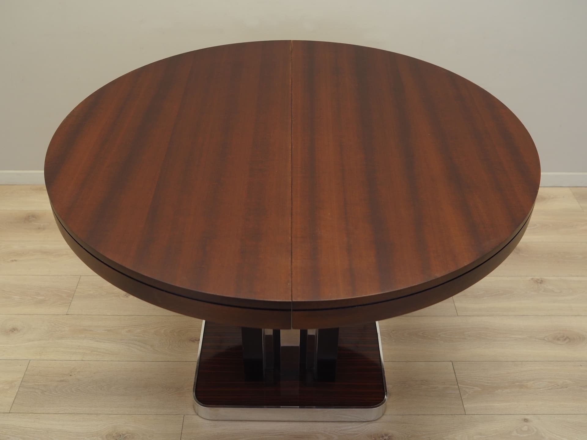 Round table, dark brown mahogany, steel, Italy, 1970s. - 123533