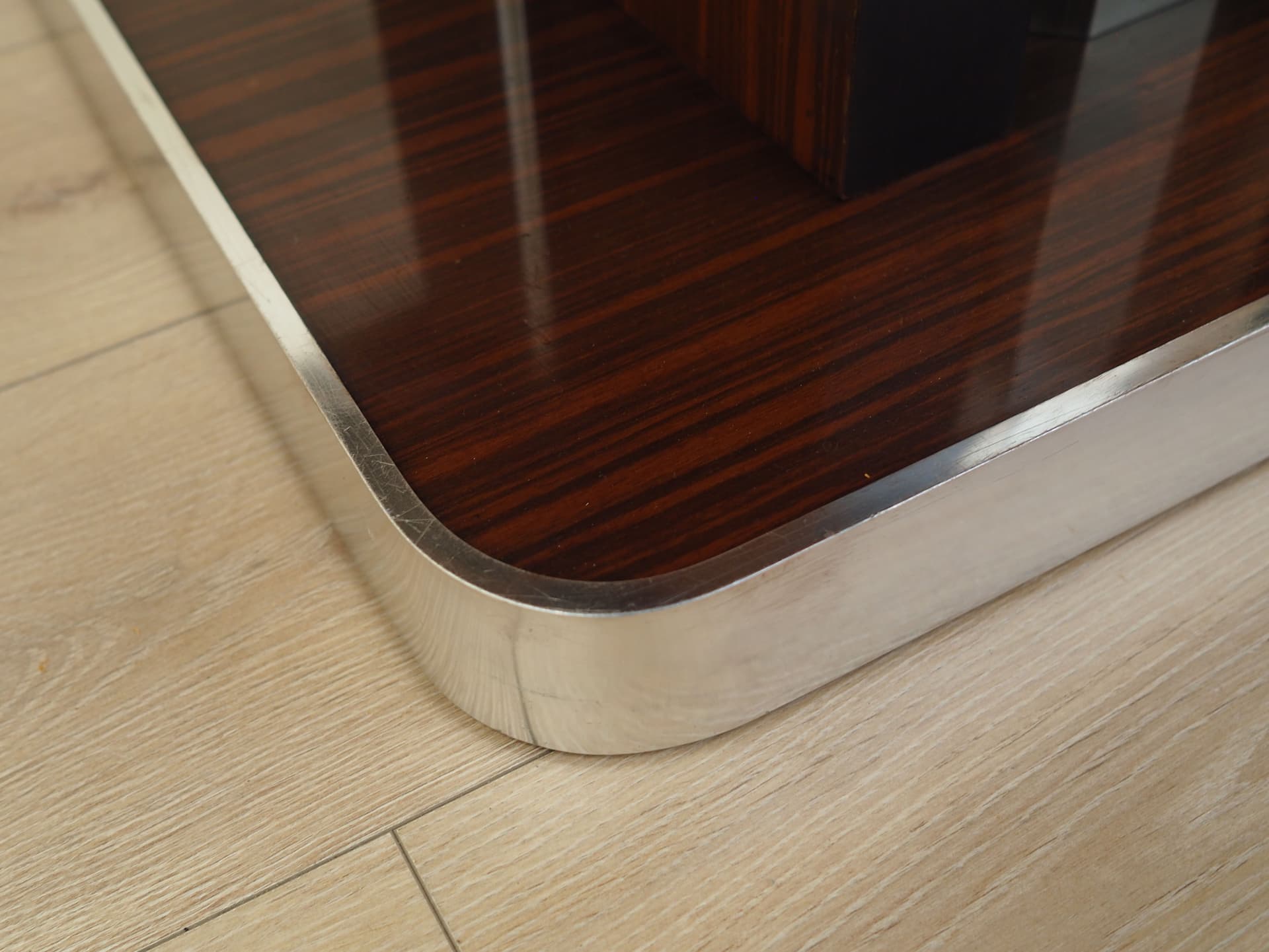 Round table, dark brown mahogany, steel, Italy, 1970s. - 123539