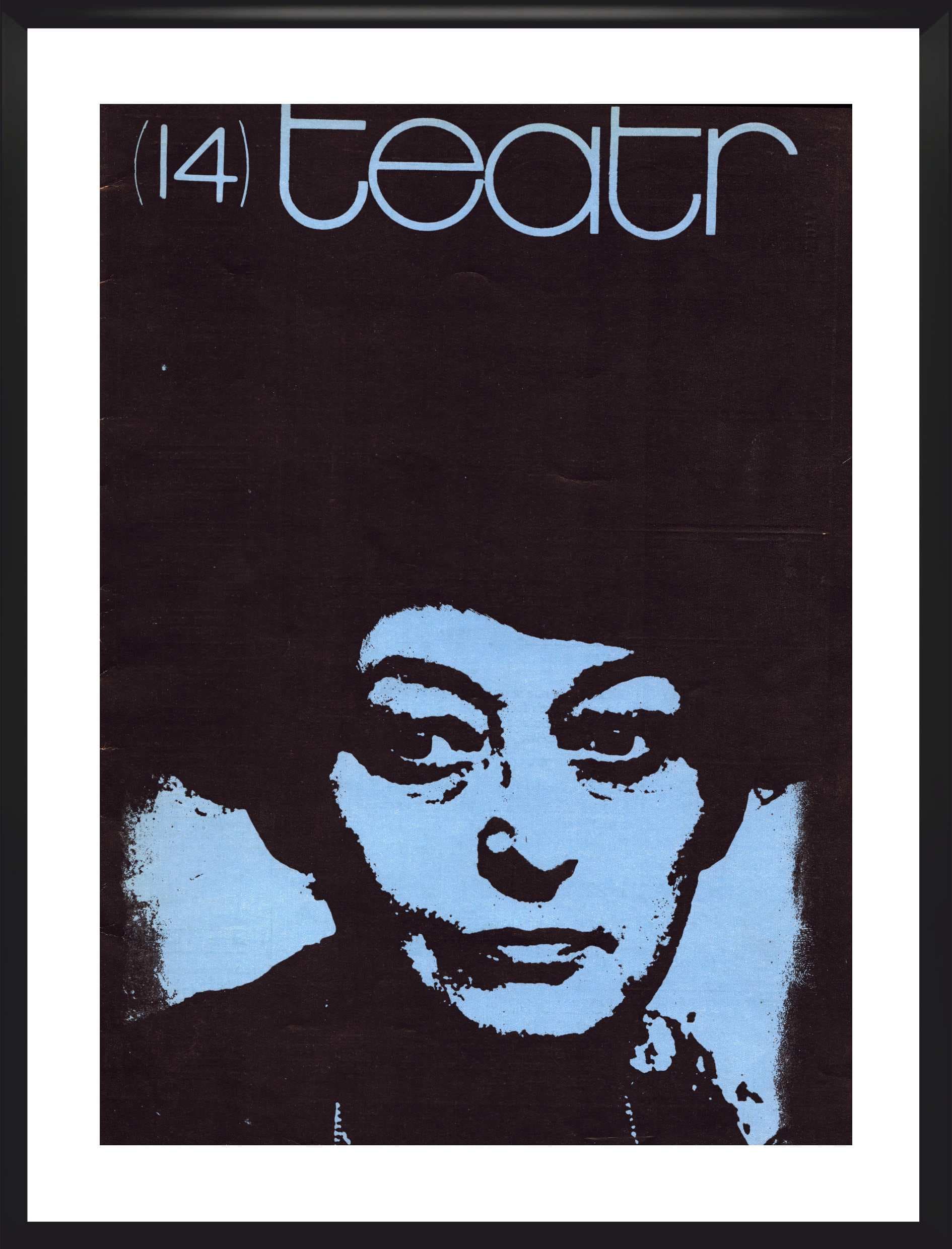 Plakat Teatr, jasnoniebieski czarny biały, aut. M. Mroszczak, Polska, lata 70.