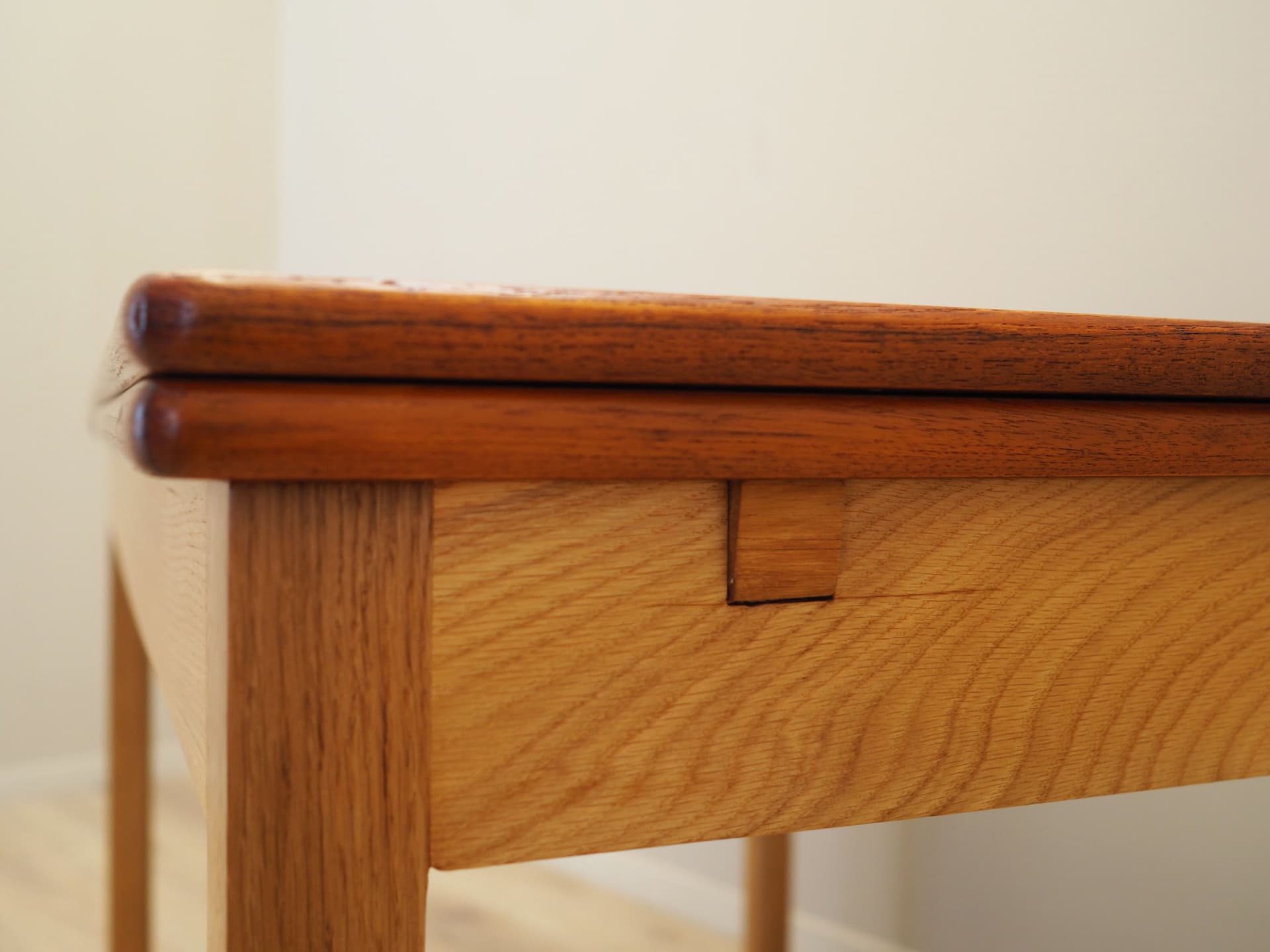 Extendable dining table, brown teak, light oak, Denmark, 1970s. - 123851