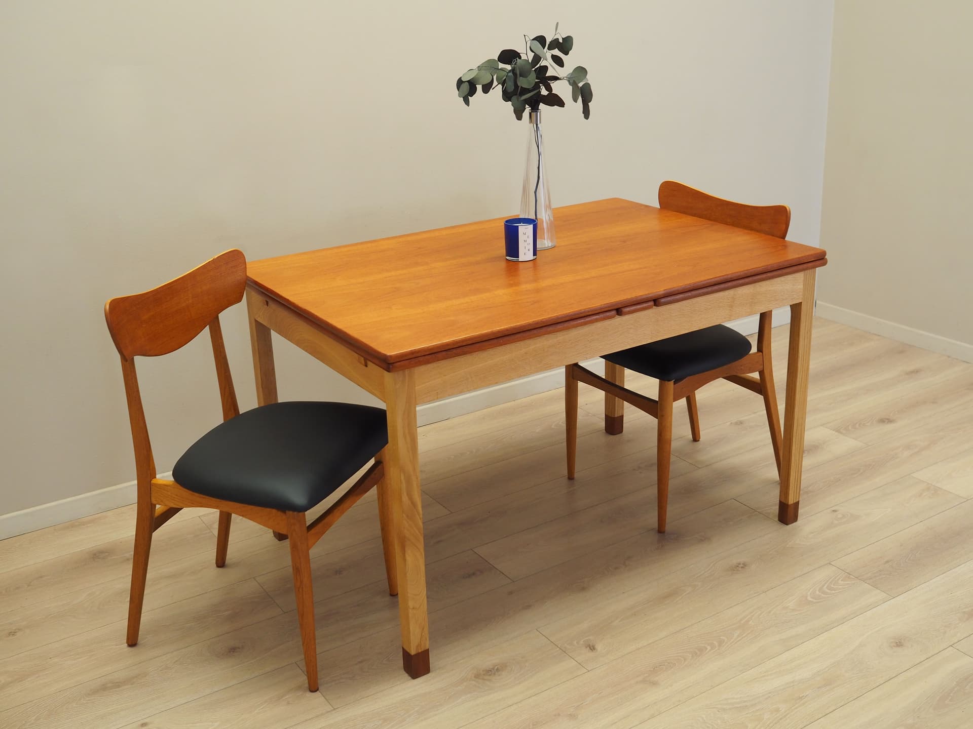 Extendable dining table, brown teak, light oak, Denmark, 1970s. - 123845
