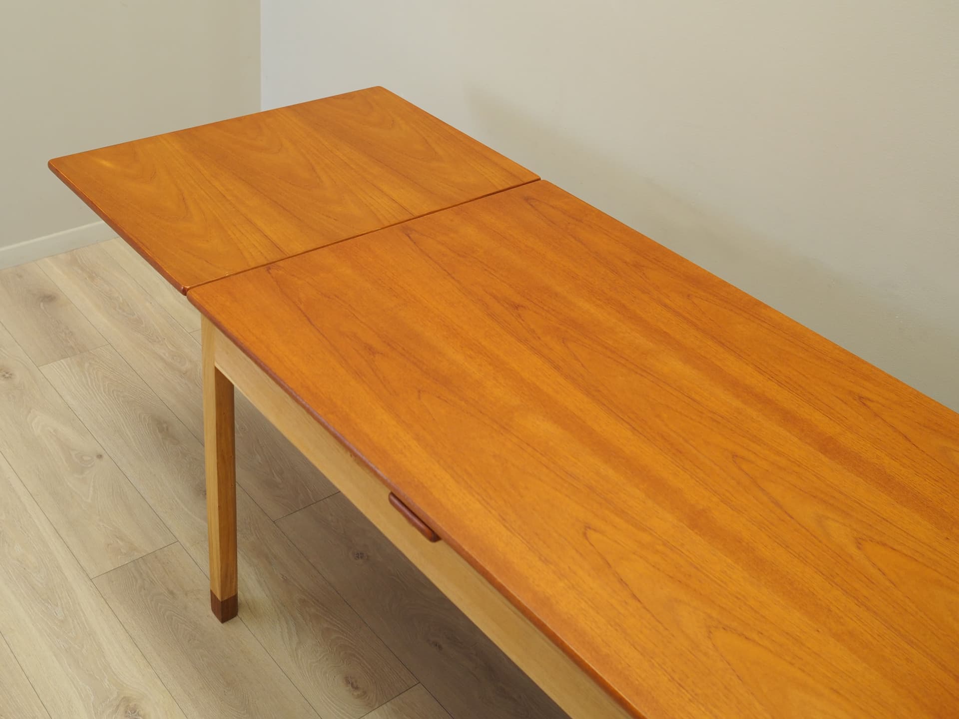 Extendable dining table, brown teak, light oak, Denmark, 1970s. - 123855