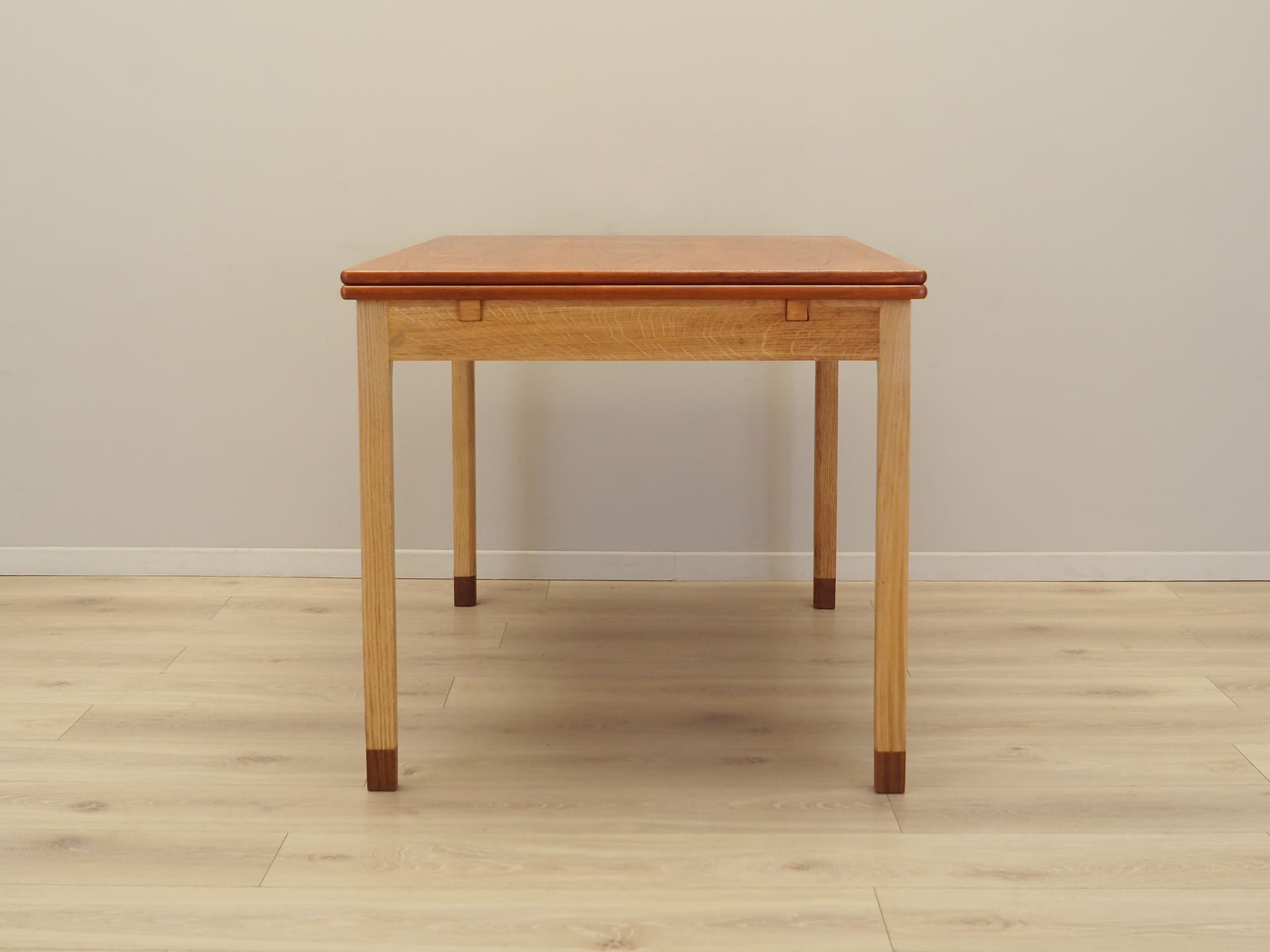 Extendable dining table, brown teak, light oak, Denmark, 1970s. - 123846