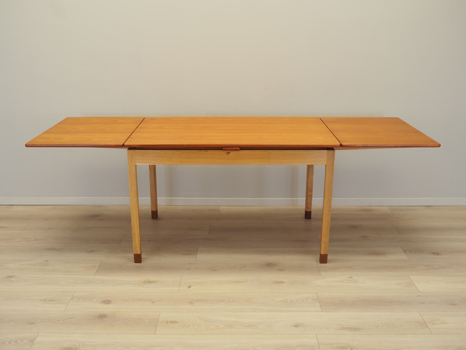 Extendable dining table, brown teak, light oak, Denmark, 1970s. - 123852