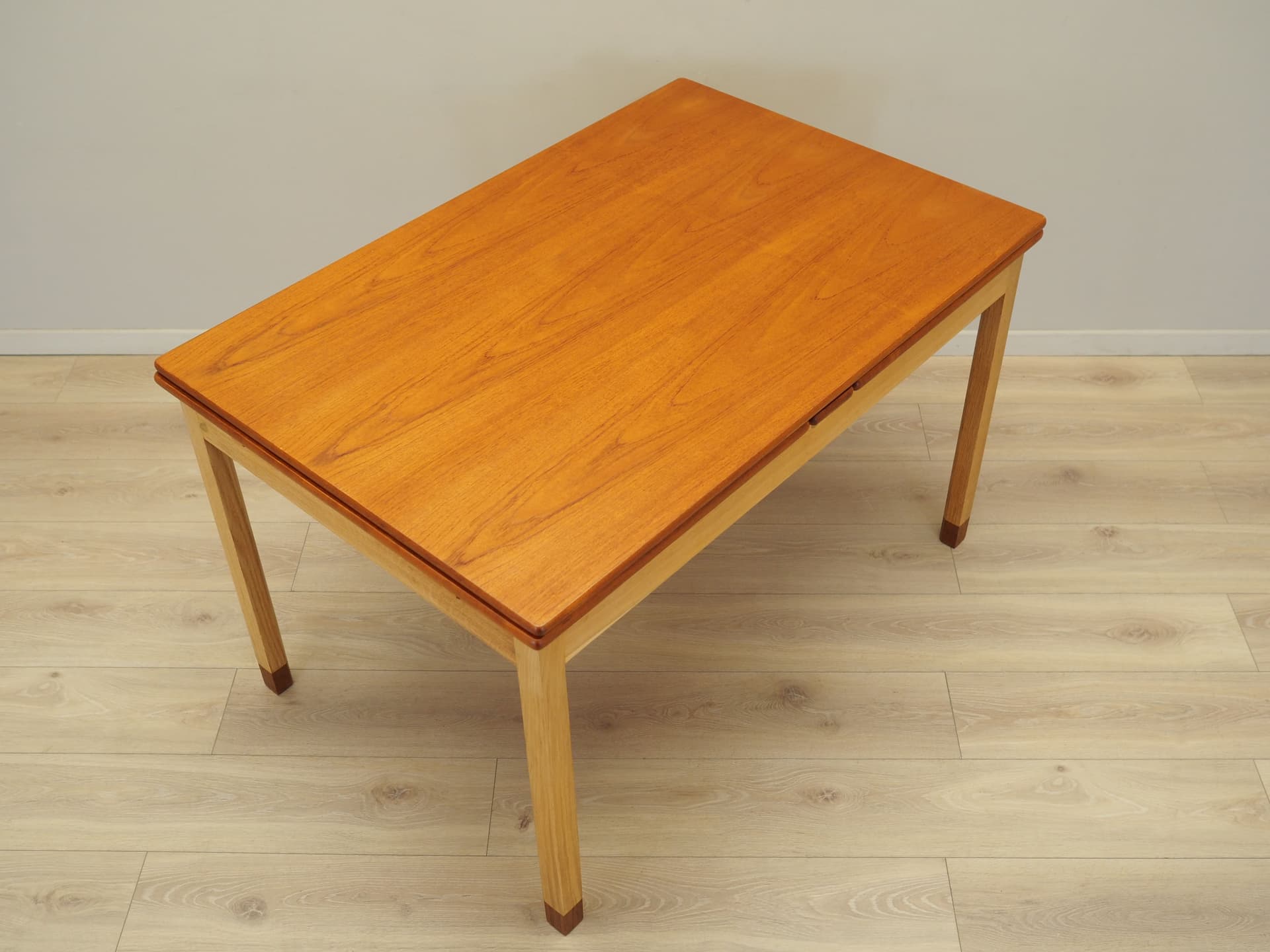 Extendable dining table, brown teak, light oak, Denmark, 1970s. - 123847