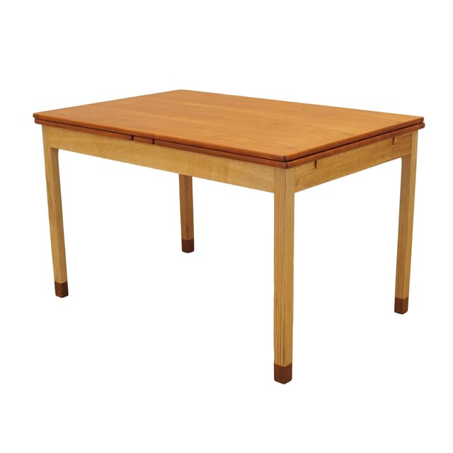 Extendable dining table, brown teak, light oak, Denmark, 1970s. - DIMENSION